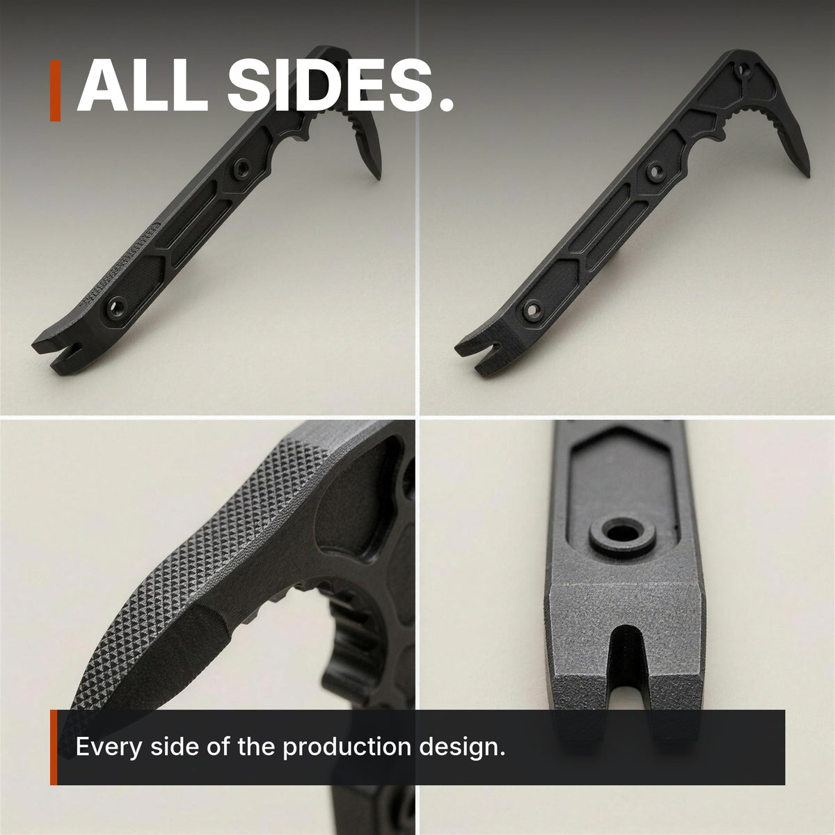 Compact Rescue Pry Bar infographic: All sides, four views
