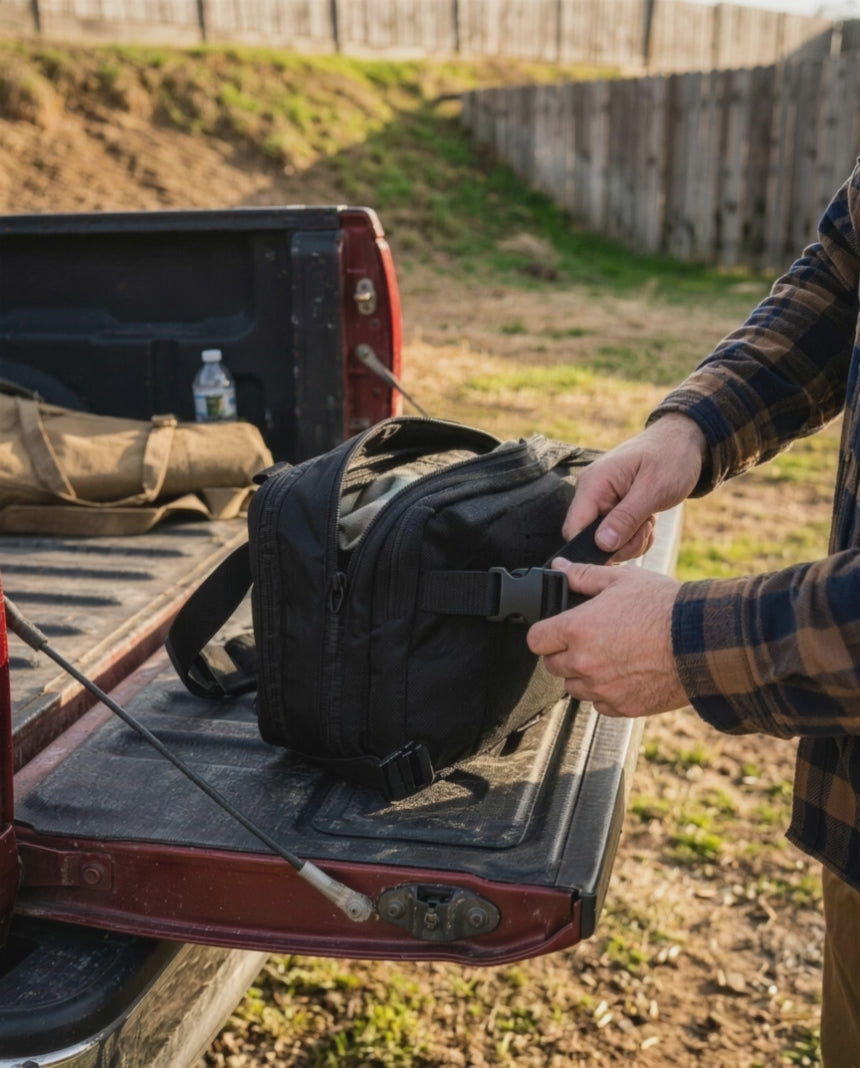 ICONTACTIC Expandable Concealment Carry Bag concept clip: the strap moves from front loops to rear loops. Illustrative